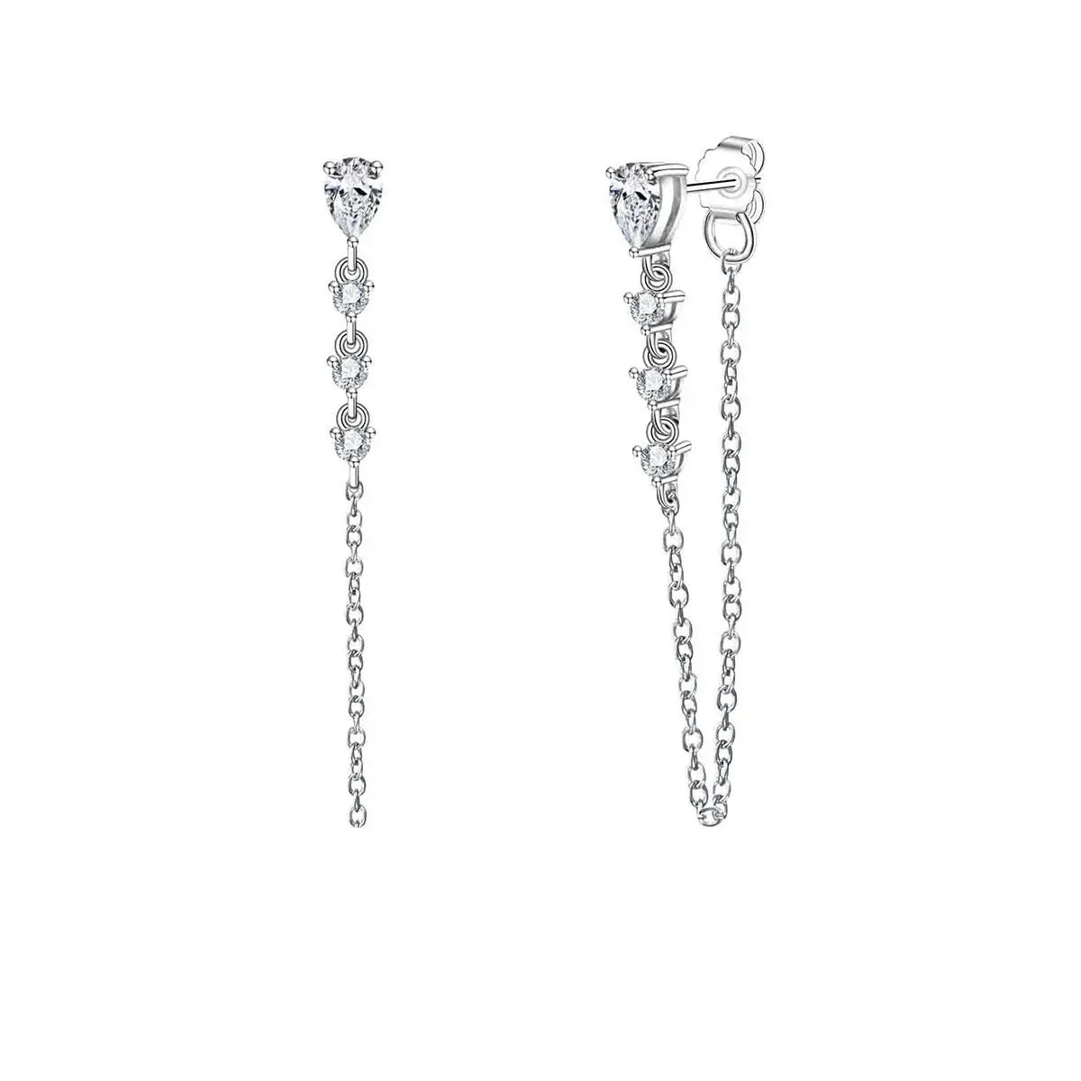 Brinco Cascata com Moissanites Pear – Ouro Branco 18k